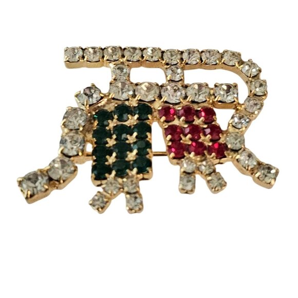 Santa's Sleigh Brooch Vintage Green Red Rhinestone Pin - Picture 5 of 9